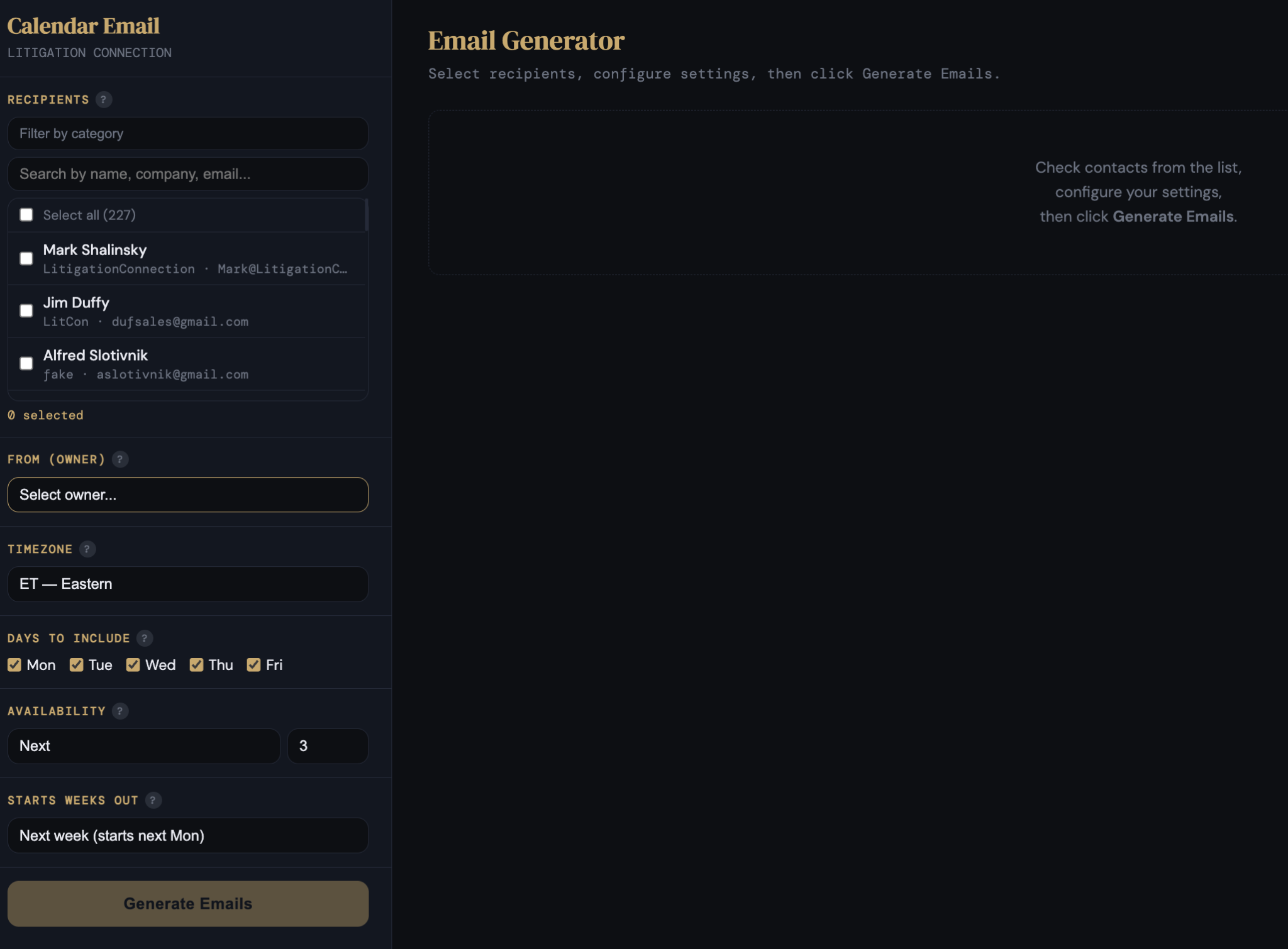 Litigation Connection email generator workflow